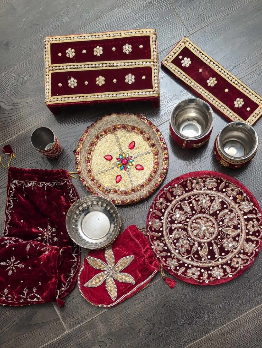 Embellished Maroon Velvet Puja Thali Set with Decorative Bowls